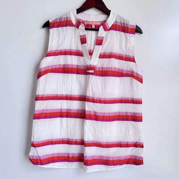 VILAGALLO Women's Tank Blouse Linen Pink Stripe Medium V neckline beach resort - Picture 1 of 6